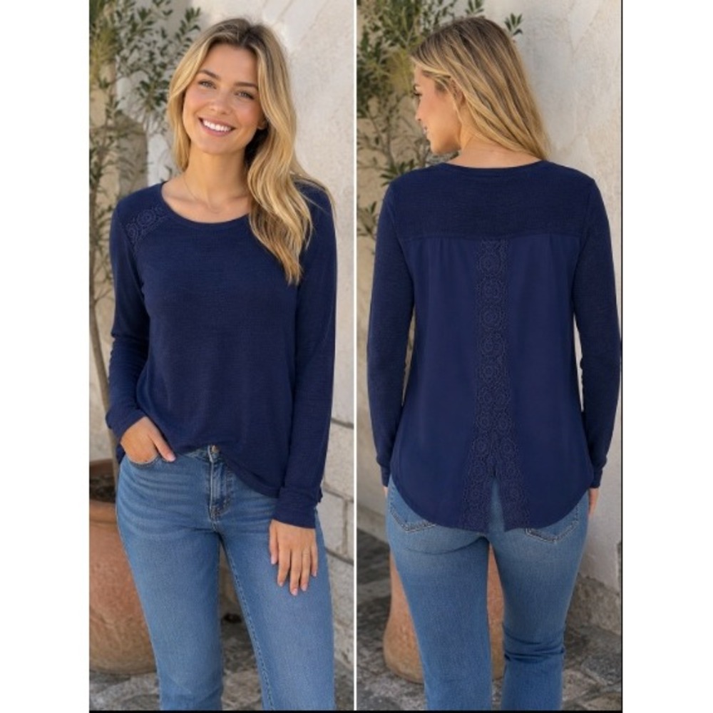 Rewind Navy Blue Lace Crochet Back Knit Top XL Long Sleeve Mixed Media Blouse